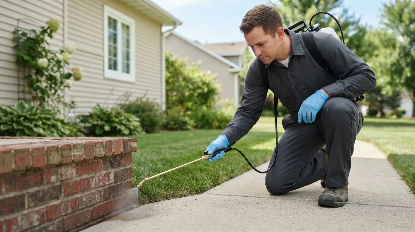 Pest control technician treating a home near Estancia, NM