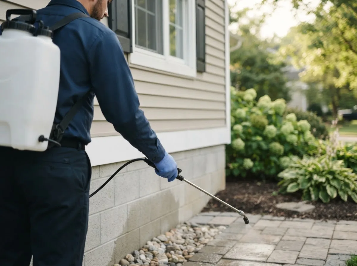 Pest control technician inspecting a home in Estancia, NM